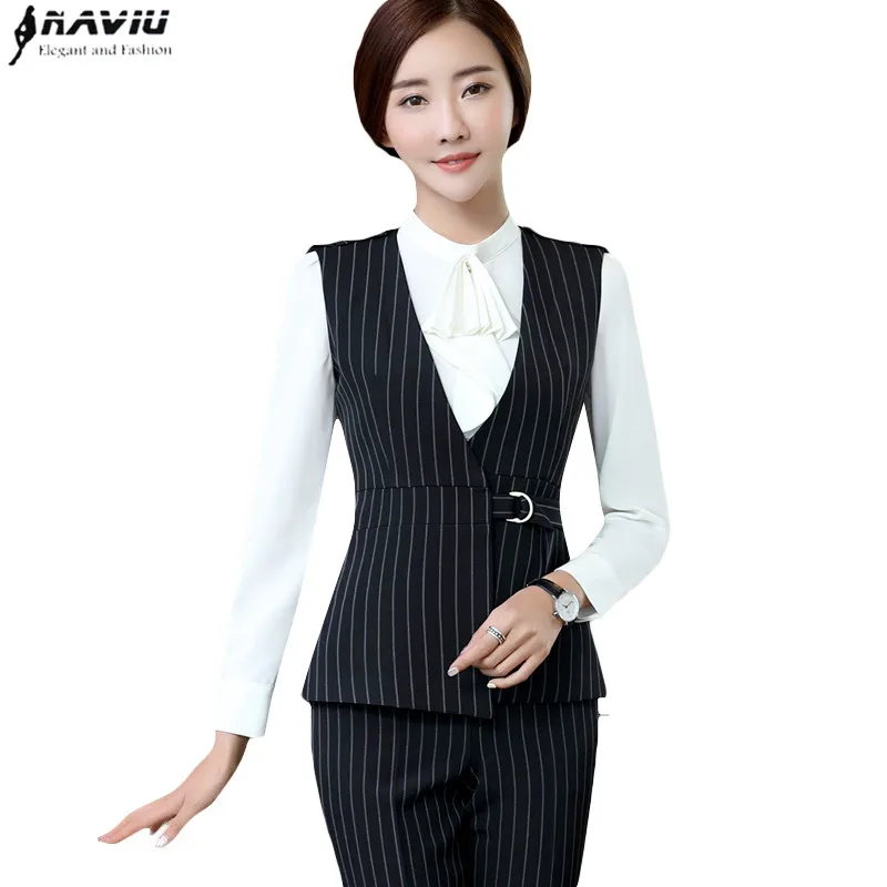 Formal stripe Vest women business work uniforms Slim V Neck Metal