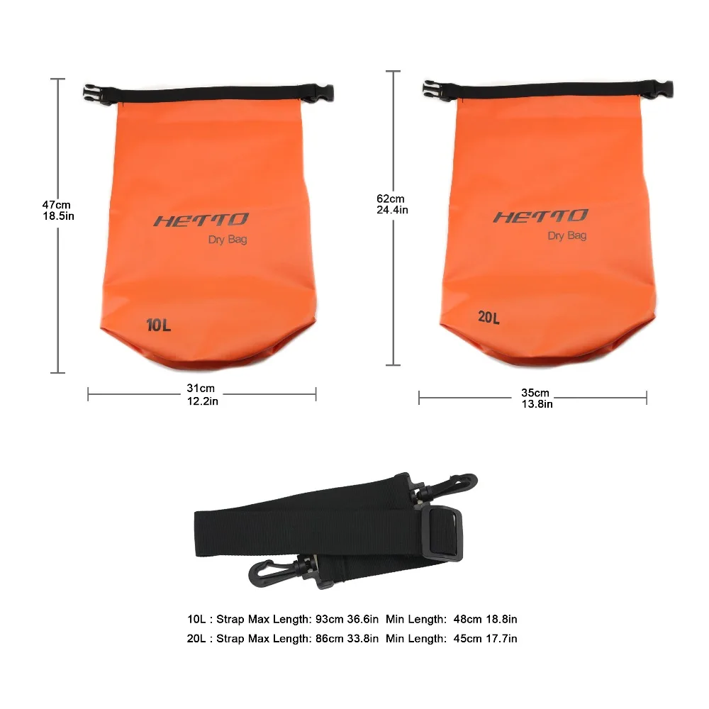 Hetto Dry Storage Bag Waterproof  Swimming Bag Diving bag 10L 20L 3 colors Ultralight Outdoor Dry Bag