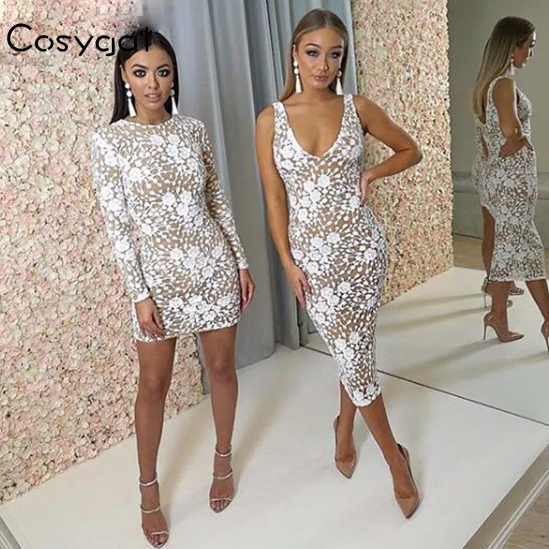 COSYGAL цветочное кружевное сексуальное платье Для женщин Bodycon Ночной клуб вечерние платье летняя модная женская белое платье длиной макси Vestidos