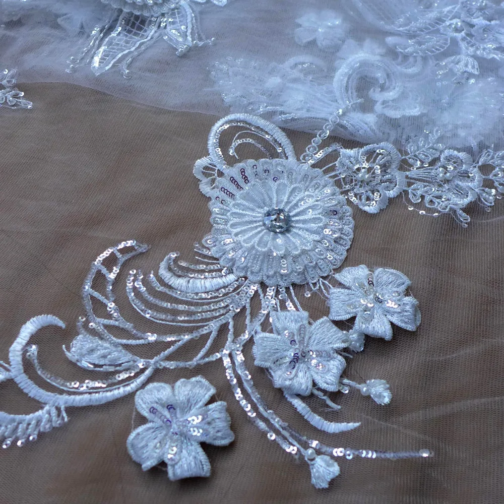 La Belleza 1 ярд от whtie 3D Цветы из бисера Свадебное платье кружевной ткани