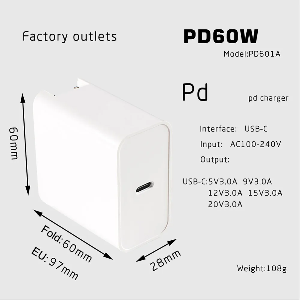 60W Quick Charge Type-C Wall Charger Power Delivery PD 30w+5V 2.4A Travel Charger for MacBook Pro Samsung Galaxy Note 9/ S9