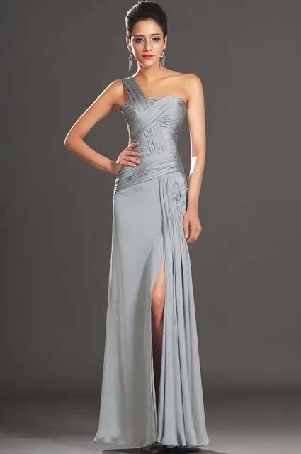 Sexy Women Formal Dress Silver Grey Pleated One Shoulder High Slit ...