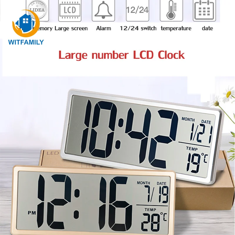 

Large Number Display LED Digital Alarm Clock 13.8 Inch LCD Indoor Temperature Snooze Electronic Watch Calendar Home Decor