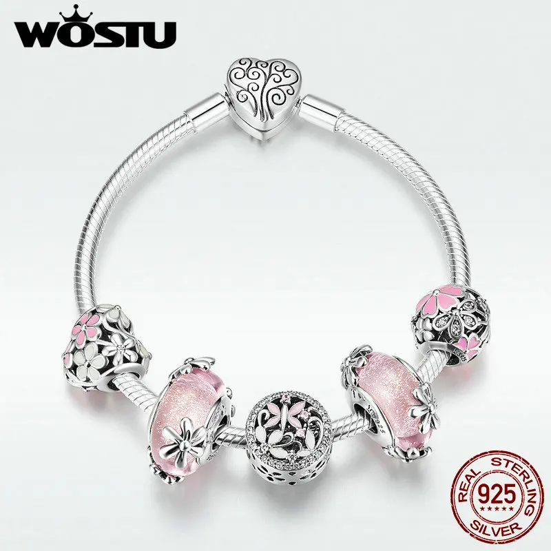 

WOSTU Hot Sale 925 Sterling Silver Fairy's Garden Charm Bangles & Bracelet For Women Flower Sweet Cute Beads Jewelry Gift DXB821