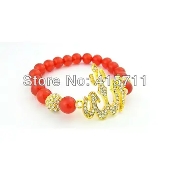 

YH13052317 8mm Red Agat With Rhinestone Pave Bead Bracelet Gold Islamic Tiny Allah Bracelet 7 inch