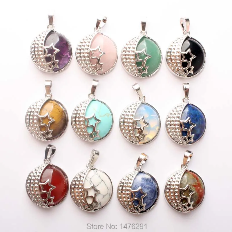 

Silver Plated Star Hollow Cutting Inlaid Beads With Amethysts Opal Rose Pink Quartz Aventurine Crystal Lapis Pendant 1PCS