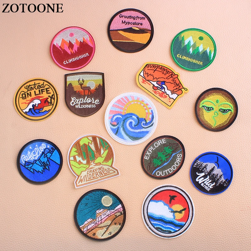 

ZOTOONE Round Forest Ocean Desert Parches Embroidered Iron On Patches For Clothing DIY Motif Stripes Clothes Stickers Badges E