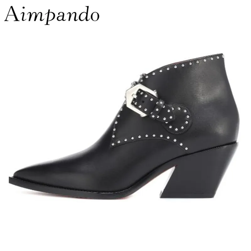 

Novelty Slanted Block Heel Ankle Boots Women Pointed Toe Studded Buckle Black Real Leather Rivet Autumn Short Booties