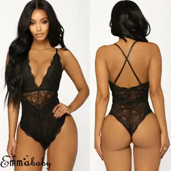 

Women's Stretch Bodysuit Sleeveless Lace Leotard Top Backless Jumpsuit