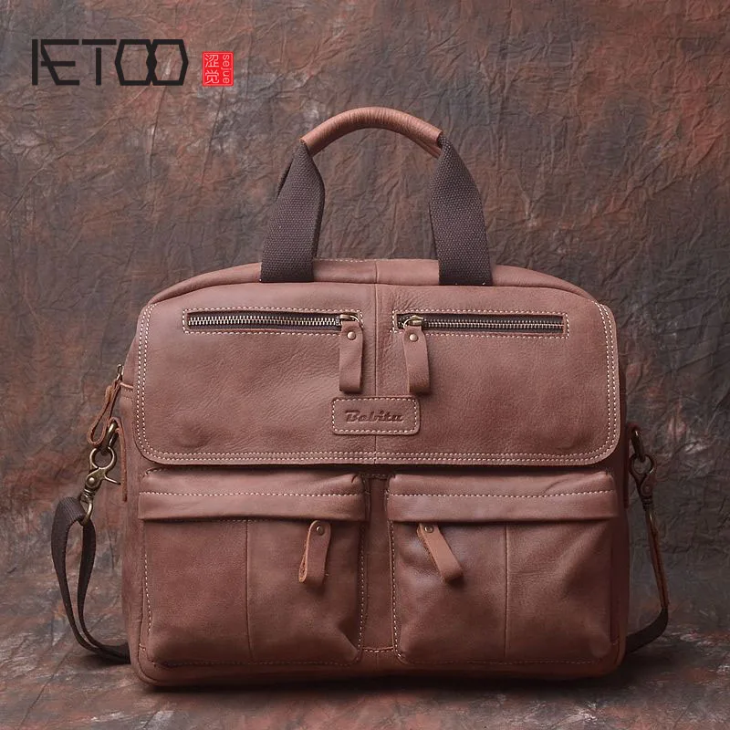 

AETOO Original handmade leather multi-mezzaned men's bag cross section shoulder Messenger bag portable document computer bag ret