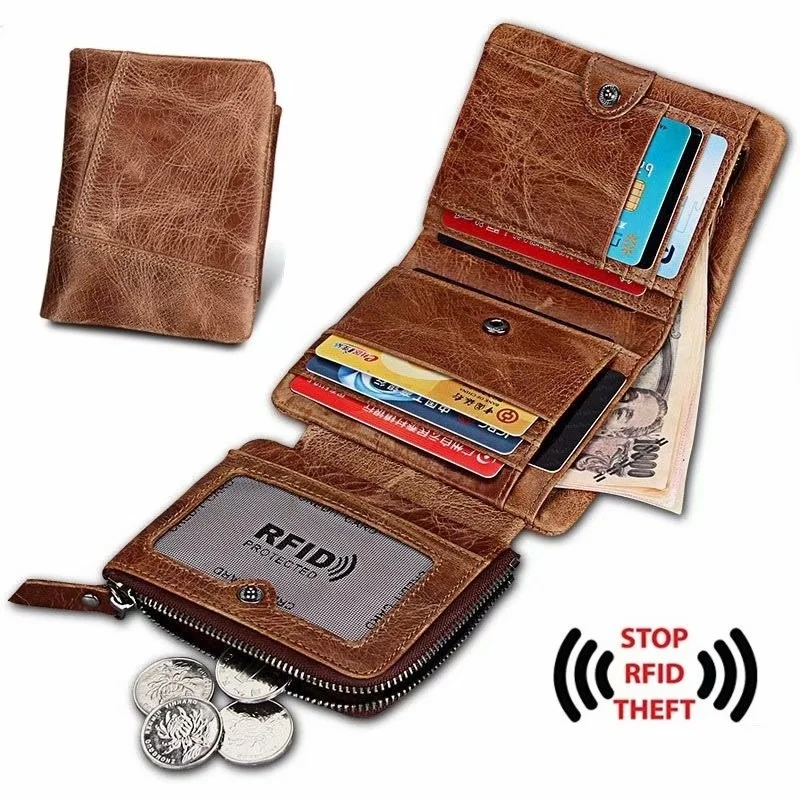 

Crazy Horse Leather Men Wallets Vintage Trifold Wallet Zip Coin Pocket Purse Cowhide Leather Wallet for Mens