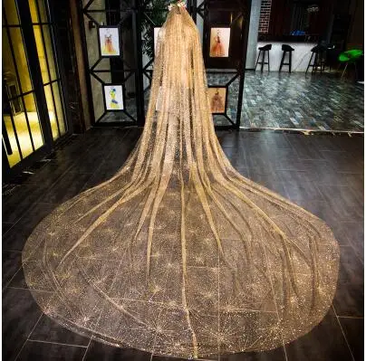 Velo bulingbuling brillante cola larga de oro novias de boda lujo velo de boda blanco capilla tren largo ropa de novia - 6