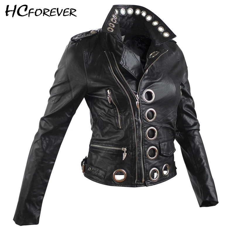 Black Faux Leather Jacket Women Motocycle PU Coat Hollow Out Moto