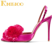 Kmeioo насосы для женское с буфами помпоном slingback Насосы ремешок на щиколотке высокие каблуки острый носок шпильки вечерние свадебные туфли 10 см