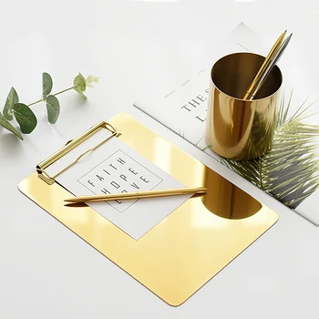 

Nordic Metal Gold Office Storage Tray with Clip Painting Pad Writing Board Scandinavian Storage Pad Organizer Decor
