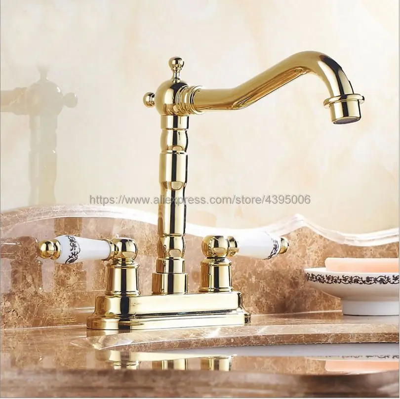 

Luxury Gold Color Brass Bathoom Kitchen Faucet Swivel Spout Dual Handles Lavatory Sink Mixer Taps Deck Mounted Bnf428