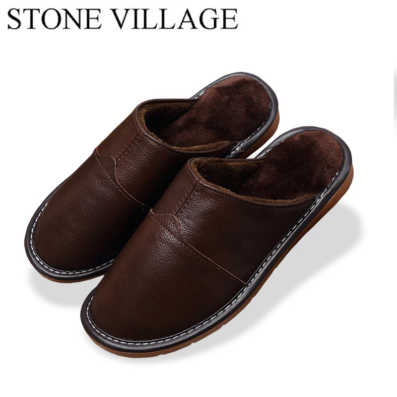 

STONE VILLAGE New Genuine Leather Home Slippers High Quality Women Men Slippers Plush Warm Indoor Shoes Men Women Size 35-44