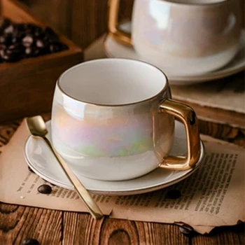 

LEKOCH Aurora pearl glaze Ceramic Afternoon Black Tea Cups And Saucers With Spoon Coffee Cup With Tray Porcelain Drinkware Set