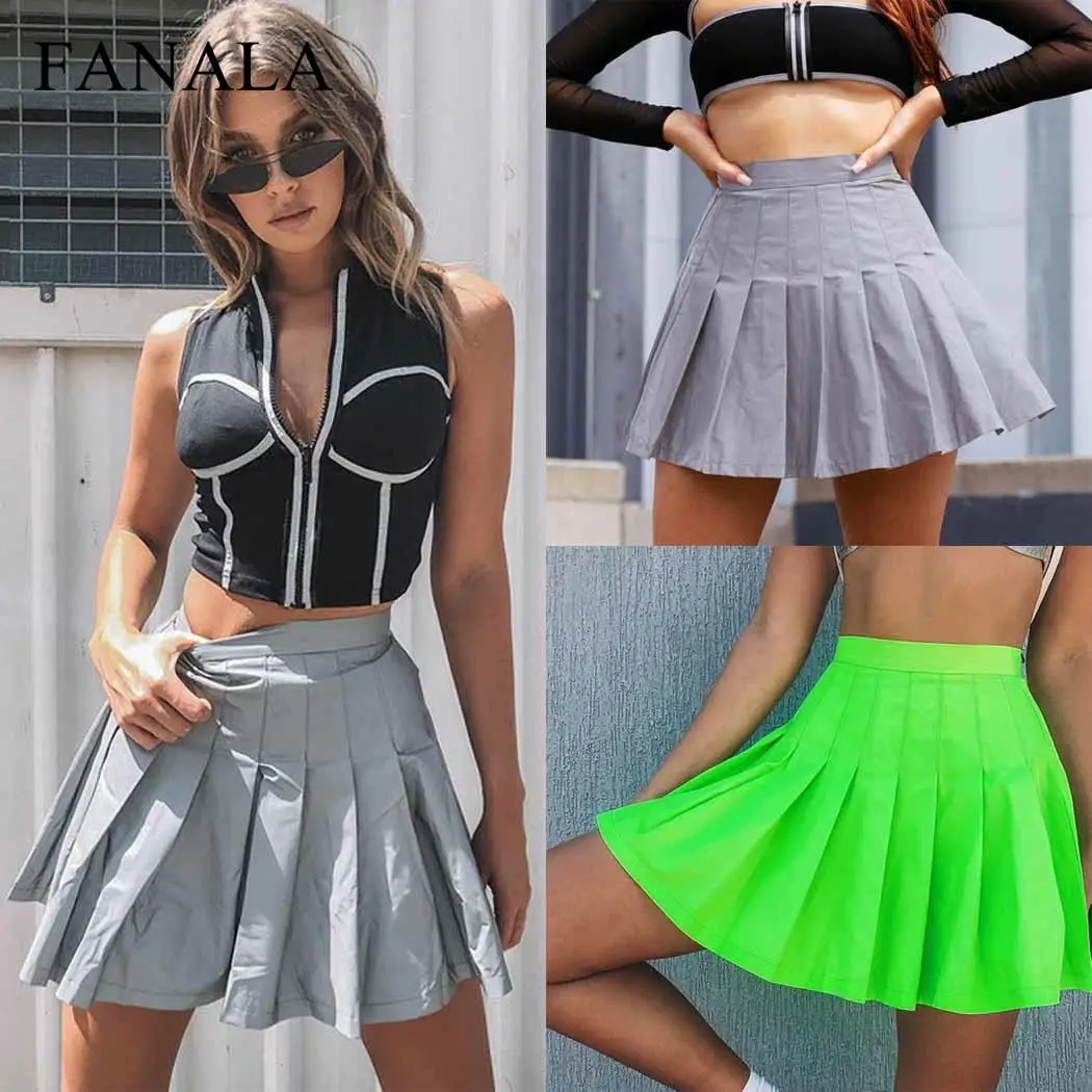

Women Summer Pleated Skirt Ladies Sexy Reflective Short Mini Skirts Fashion High Waist Party Summer Neon Green Skirt Streetwear