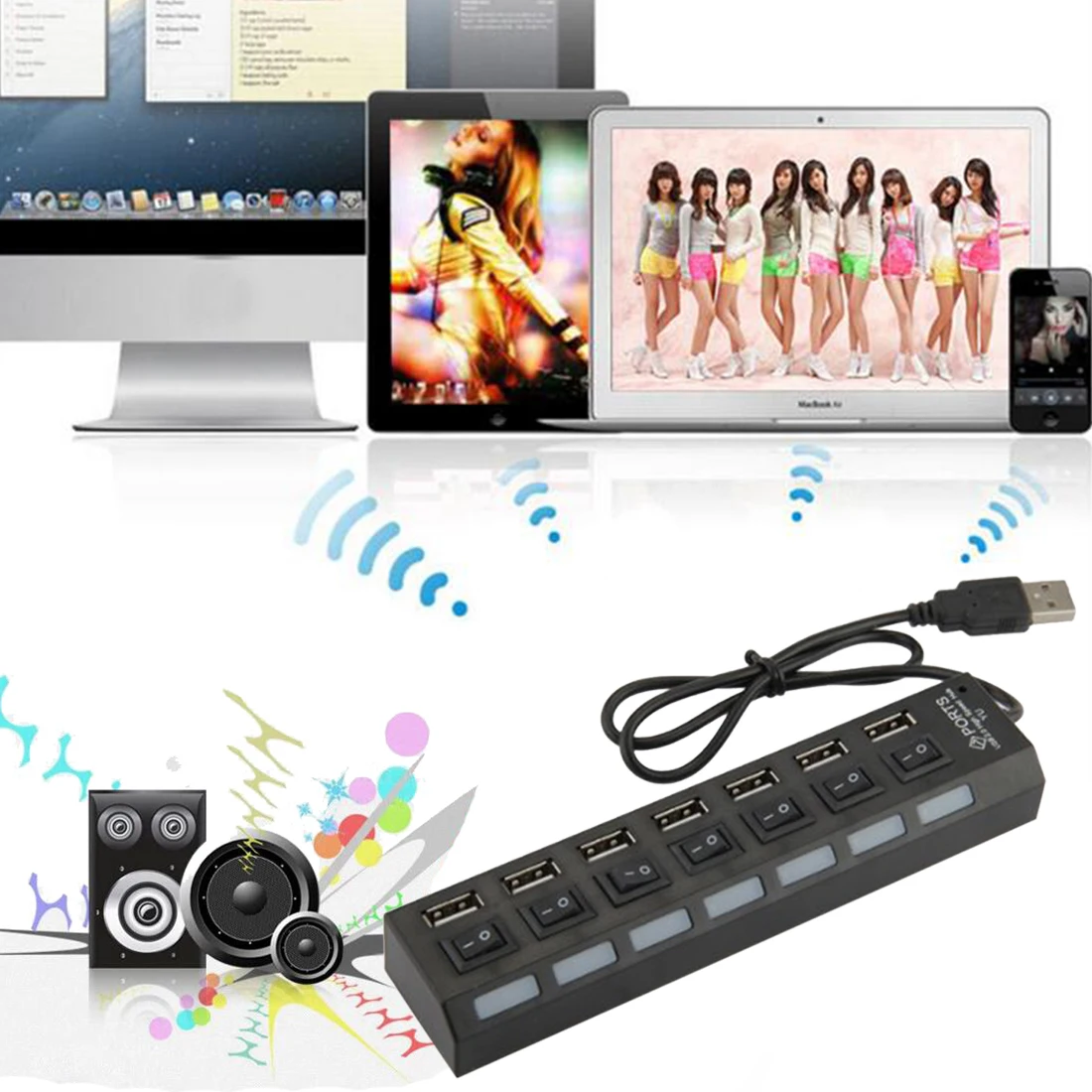 7 Ports High Speed USB Hub 480 Mbps USB 2.0 Hub On/Off Switch Hub USB Splitter For PC Laptop Computer Peripherals Accessories