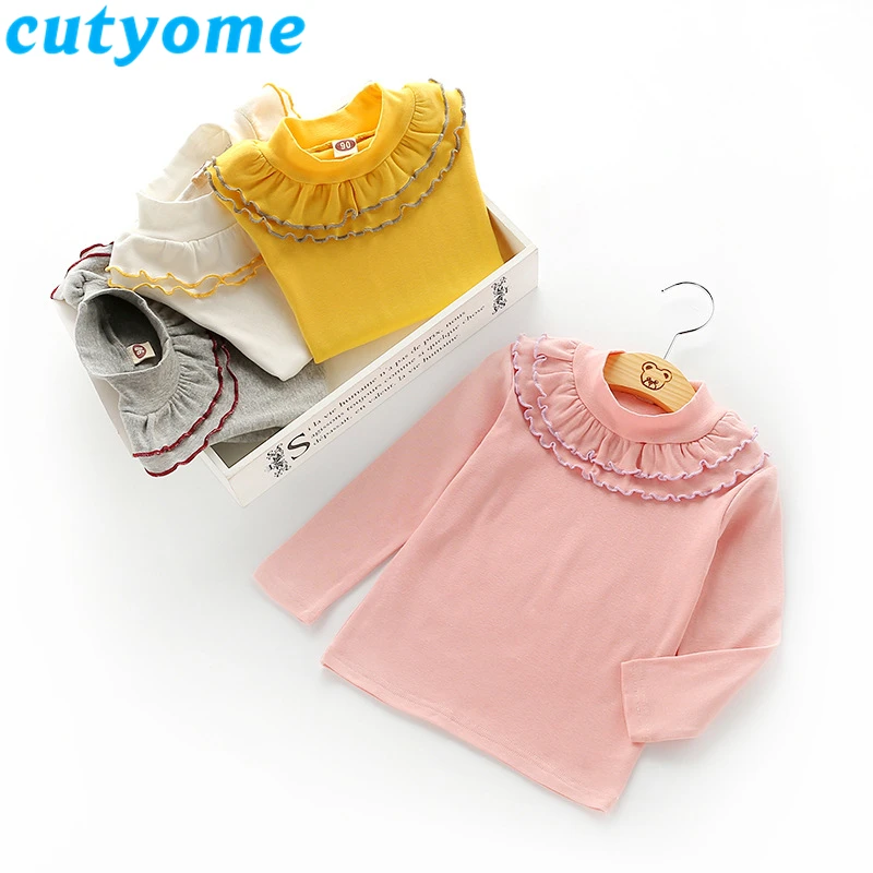

Toddler Girls Long Sleeve T-Shirt Children Tops White Kid Ruffles Cotton T Shirt Solid Girl Princess Tees Bottom Baby Clothing 7