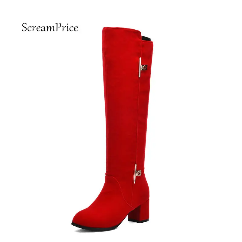 Women Thick High Heel Knee High Boots Fashion Side Zipper Round Toe Shoes Woman Red Black цена Women Thick High Heel Knee High Boots Fashion Side Zipper Round Toe Shoes Woman Red Black цены онлайн