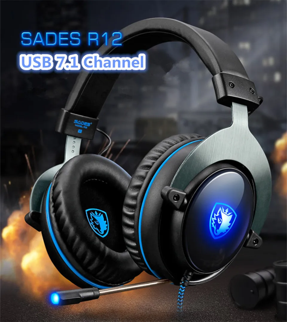 SADES R12 USB игровая гарнитура наушники виртуальной 7,1 канала с микрофоном светодиодный светильник для ПК ноутбука геймера