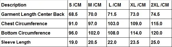 T SHIRT SIZE SPEC