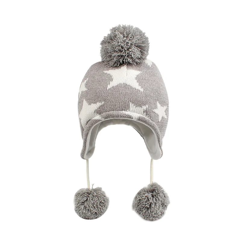 Star Fashion Knit Kids Hat Winter Warm Children Beanie Ear Protect Kids Hat With Pompom Star Pattern Baby Girls Beanie Hat  (1)