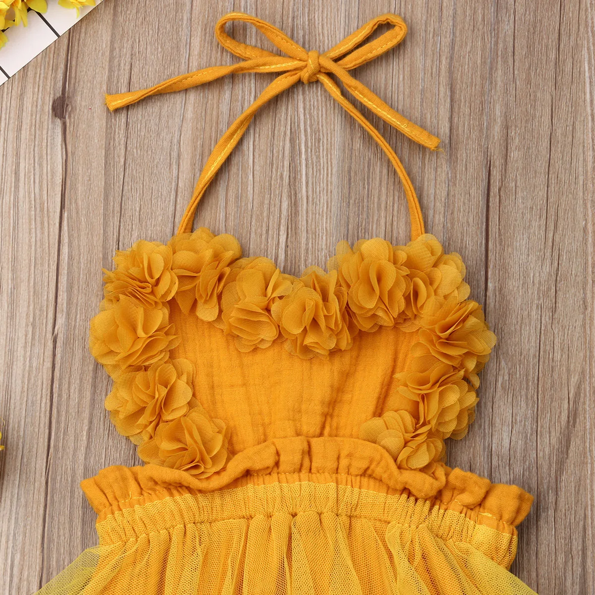 Newborn Baby Girl Tulle Romper Dress Yellow Solid Lace Sleeveless Belt Jumpsuit Outfits Summer Clothes