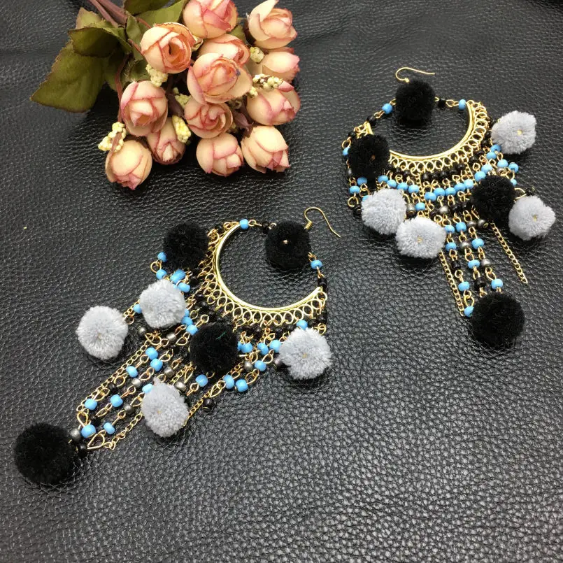 MANILAI Fashion Pom Pom Long Beaded Tassel Earrings Ethnic Jewelry Women Big Dangle Firenze Fringe Drop Earring Boho Pendientes