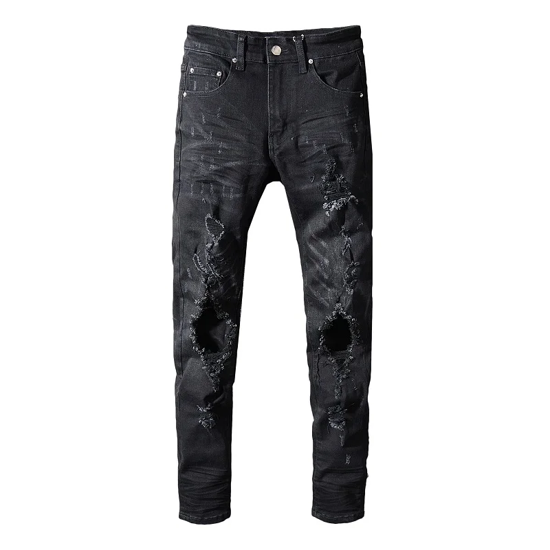 

Sokotoo Men's black holes ripped jeans Slim fit stretch distressed cotton denim pants High quality