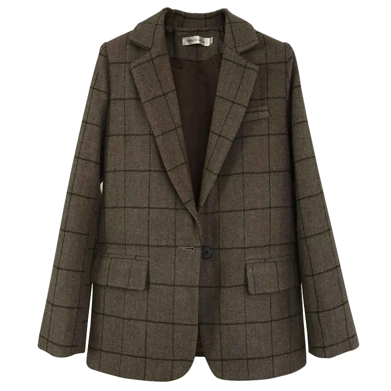 

Plaid Spring Autumn Women Slim Wool Blazers Jacket Office Lady Brown Fashion Notched small suit