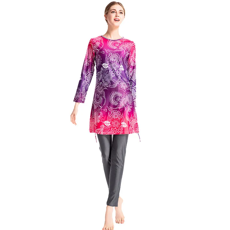 

2019 Muslim Swimwear Full Cover Islamic Women Modest Floral Print Long Sleeve Swimsuit Hijab Islam Burkinis Wear Bathing Suit