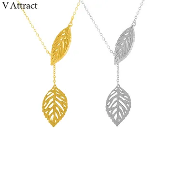 

V Attract 10pcs 2018 Double Leaf Charm Lariat Necklaces Stainless Steel Fashion Gold Kolye Chain Jewelry Choker