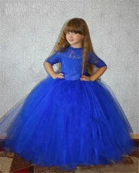 

Royal Blue Girls Birthday Dress Half Sleeve Lace Top Puffy Tulle Ankle Length Girls Pageant Dress Party Gown Size2-16Y