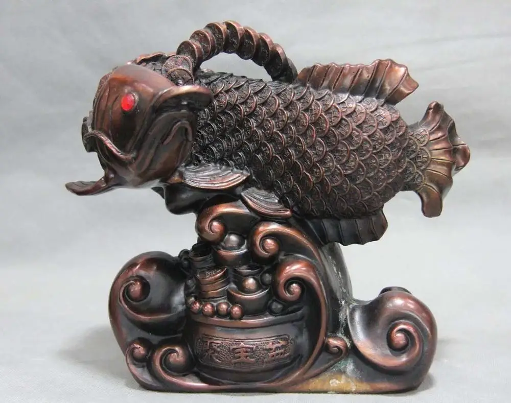 

China Copper Bronze Home Feng Shui Money Wealth Dragon Koi Fish Treasure bowl