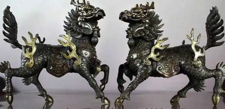 

Chinese Classic Bronze copper Feng Shui Foo Dog kylin Fly god beast statue Pair