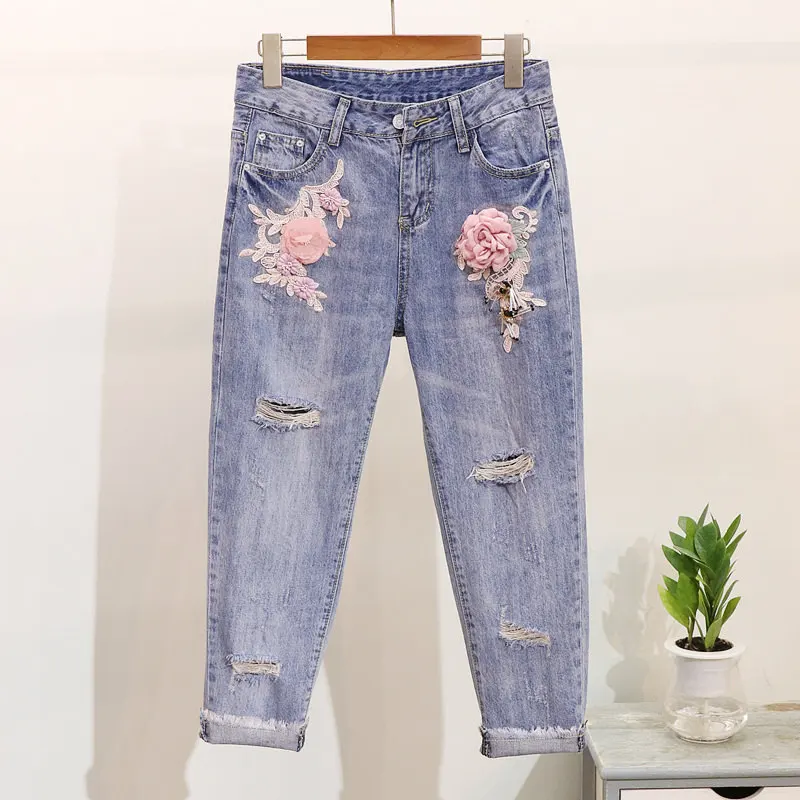 LUOSHA, женские джинсы, весна-лето, с объемной цветочной вышивкой, рваные, джинсовые штаны, женские, стильные, до щиколотки, джинсы - Цвет: style2
