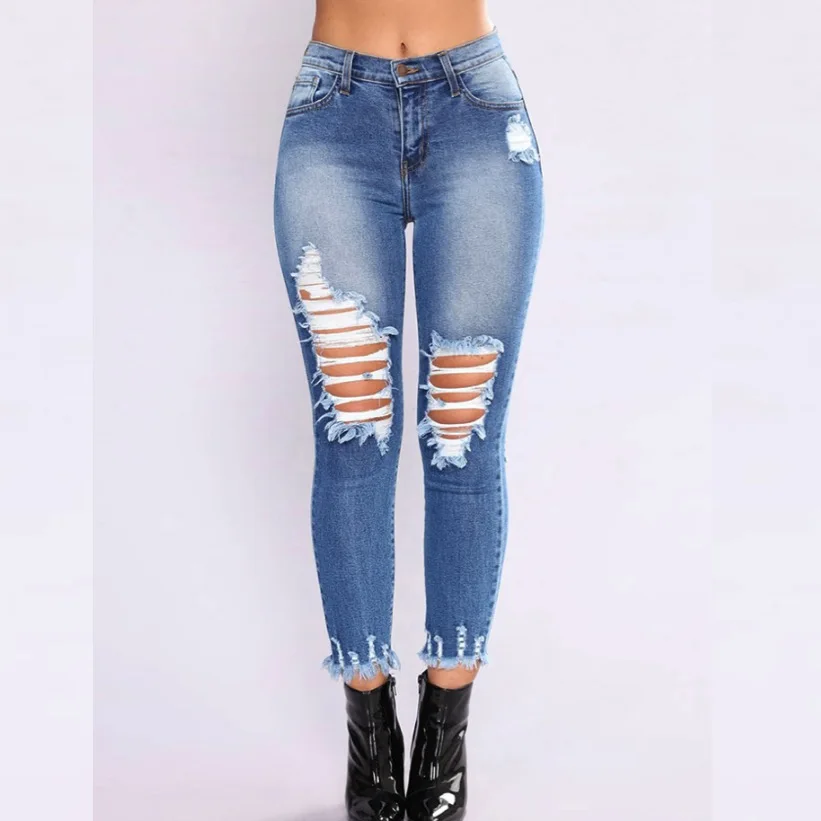

SLIM FIT Long Jeans Women MID Waist Skinny Pencil Denim Pants ripped hole cropped Elastic Stretch Jeans women summer fashion