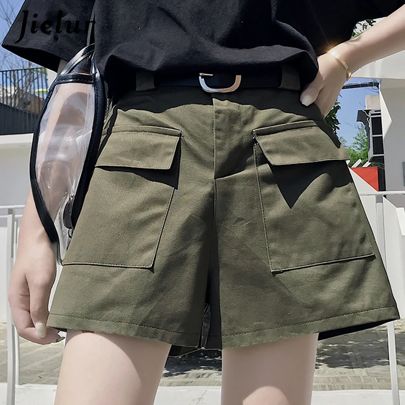 

Jielur Black Green Women's Shorts Summer Casual Hipster High Waist Belt Short Feminino Fashion Cool Pockets Sport Shorts Female