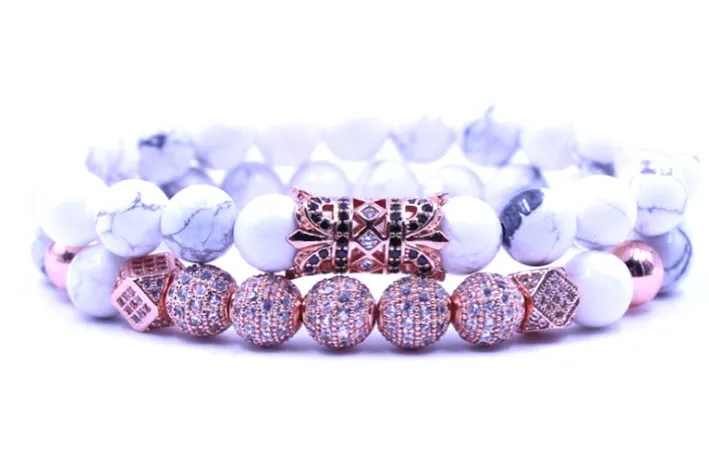 

8mm 2PCS/Set rose gold fdg3 elastic adjusted nature white Howlite bead micro pave cz zircon cubic zirconia tube Bracelet