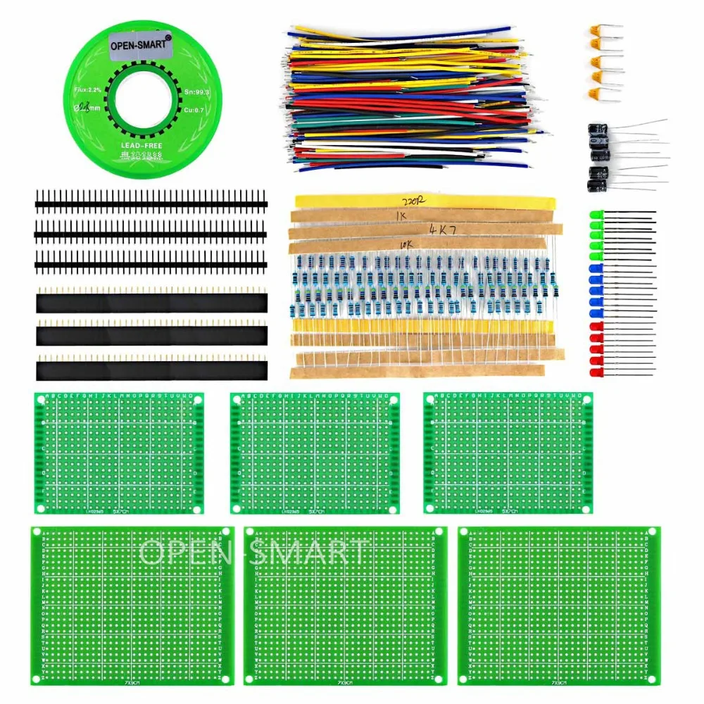 

OPEN-SMART PCB Experiment Board Kit with Tin Wire / LED / Pin Header Include Commonly Used Resistor / LED Pack for Arduino DIY