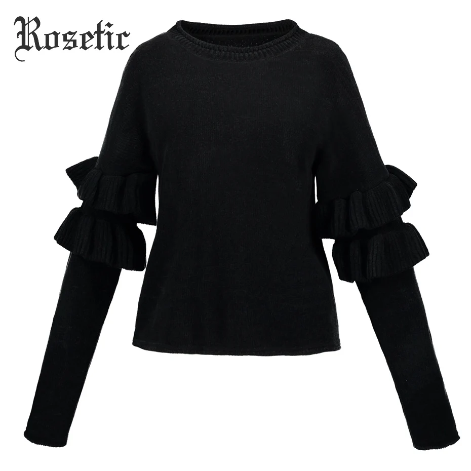 Rosetic Black Sweater Women Goth Winter Loose Black Falbala O-Neck Ruffles Fall Tops Retro Street Preppy Gothic Casual Sweater Rosetic Black Sweater Women Goth Winter Loose Black Falbala O-Neck Ruffles Fall Tops Retro Street Preppy Gothic Casual Sweater
