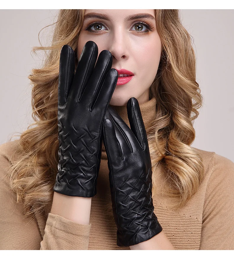Женские зимние перчатки из натуральной кожи с сенсорным экраном, толстые теплые перчатки из овчины, женские перчатки для телефона MLZ026