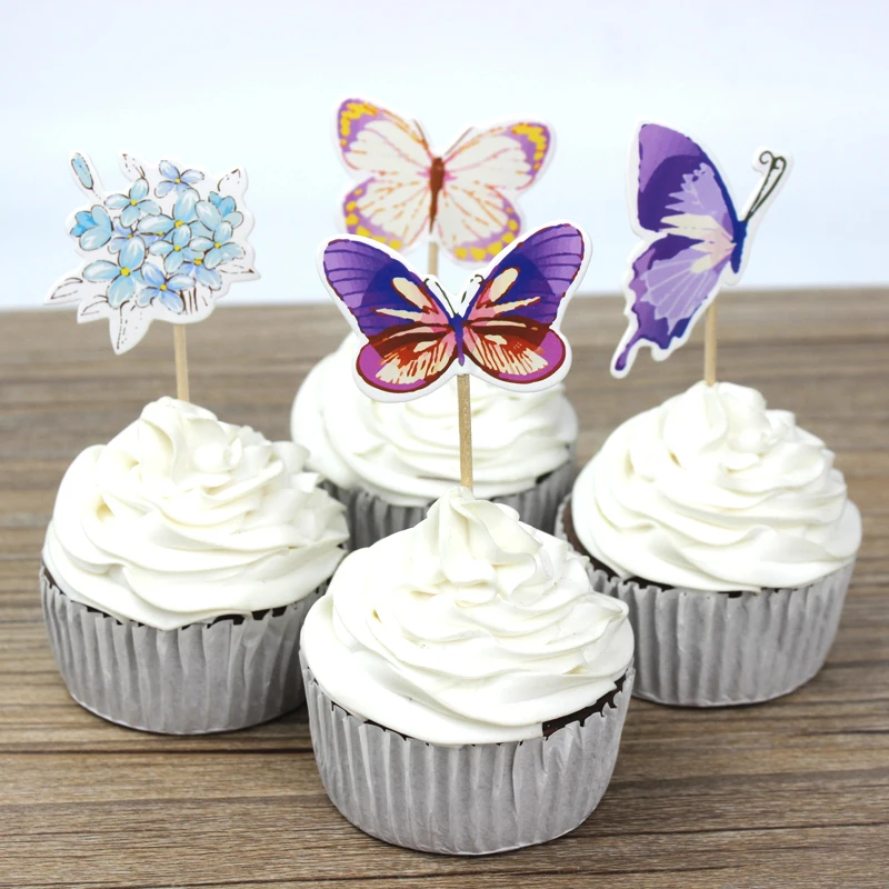 

24 pcs/lot Butterfly & Flower Cupcake Toppers Picks Kid Birthday Party Decorations Party Favors Wedding Decoration casamento
