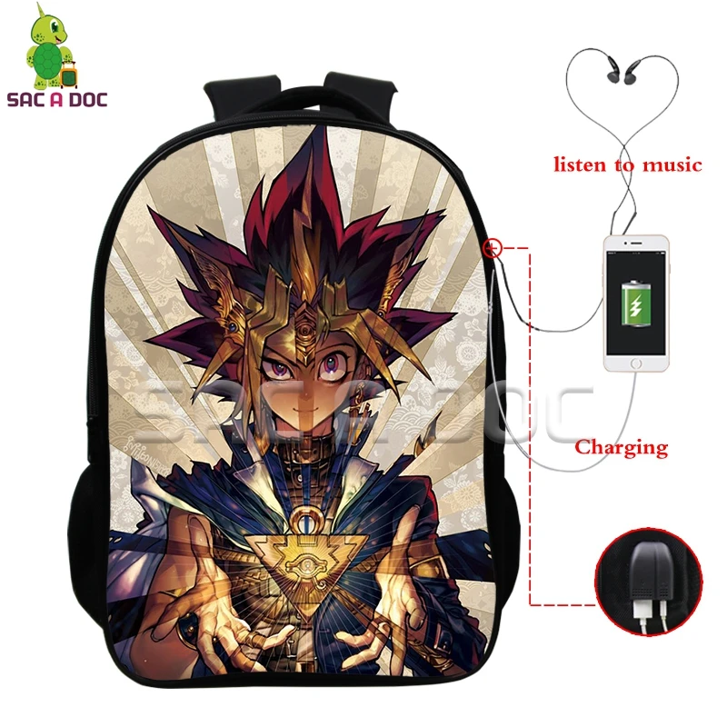

Anime Yu Gi Oh Yugi Kaiba Backpack Multifunction USB Charging Headphone Jack Laptop Bags Teens Students School Travel Rucksack
