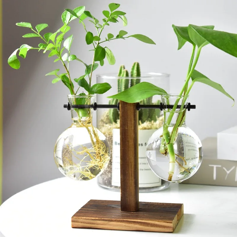 

Creative Glass Bottle Vase Hydroponic Plant Transparent Flower Pots Wooden Frame Coffee Shop Room Decor Table Desk Decoration