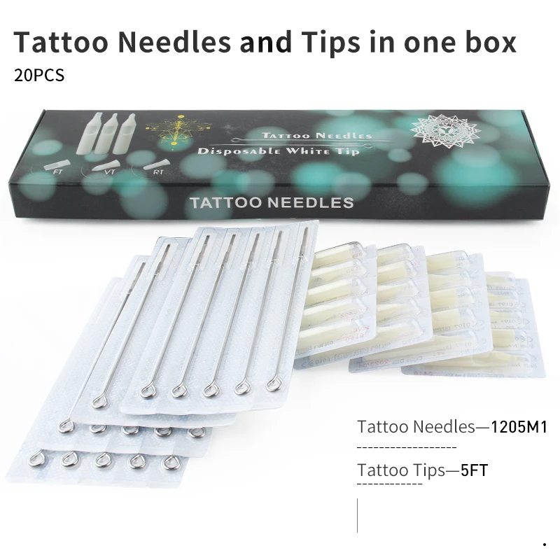 (M1+FT) Tattoo Needles and White Tips Mixed 40PCS Professional Tattoo Needle M1 & Disposable