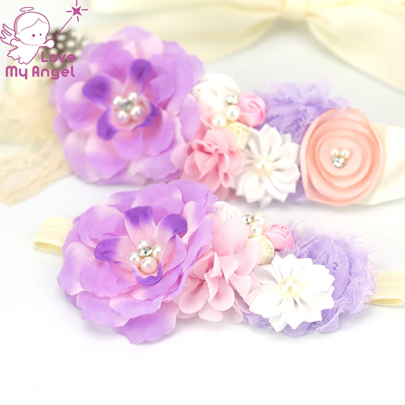 

2pcs/set Vintage silk fabric flower sash lilac white Maternity flower belt newborn baby Photography props